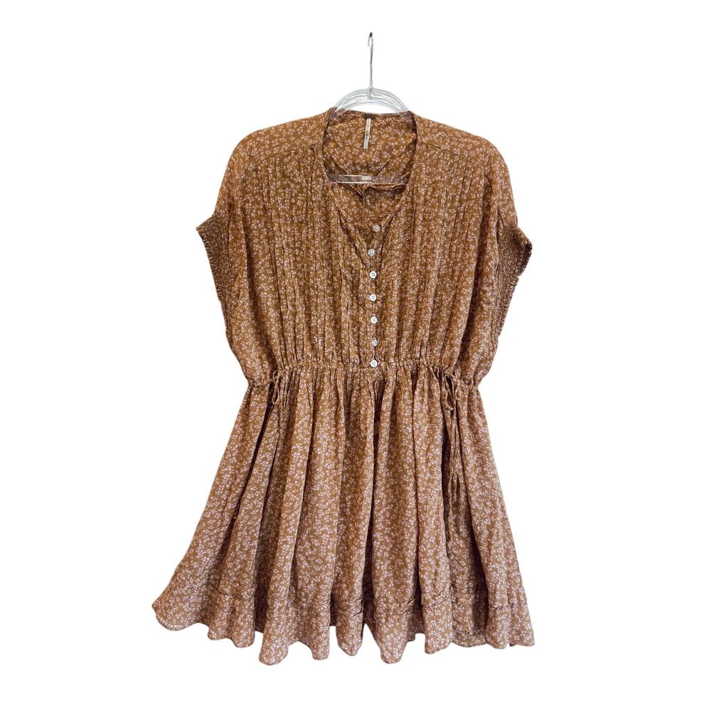 Free People Floral Mini Dress Boho Peasant adjustable pockets M cottagecore - Picture 2 of 9